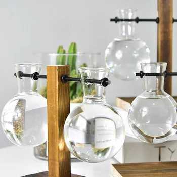 

Table Desk Bulb Glass Hydroponic Vase Flower Plant Pot with Wooden Tray Office Decor @LS