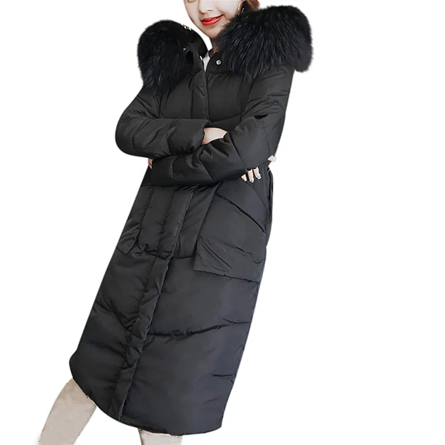 Black Winter Coat Women With Thick Cotton Long Fashion Women Winter Coat Faux Fur Hooded Collar Long Jackets Warm Thicken Padded Coat - Цвет: Black