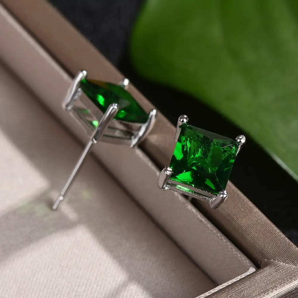 Simple Green Stone Square Stud Earrings For Women Men Princess Crystal Wedding Ear Studs Vintage Bone Earring Mom Jewelry