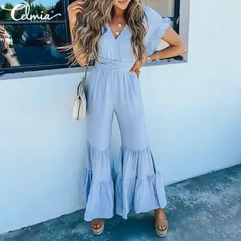 

Celmia Summer Rompers Women's Wide Leg Jumpsuits Short Sleeve Casual V neck Female Playsuits Loose High Waist Party Ruffle Pants