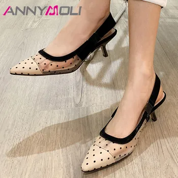 

ANNYMOLI Woman Sandals Pointed Toe High Heels Cutouts Stiletto Heel Sandals Fashion Bow Female Shoes Summer Black Big Size 33-40