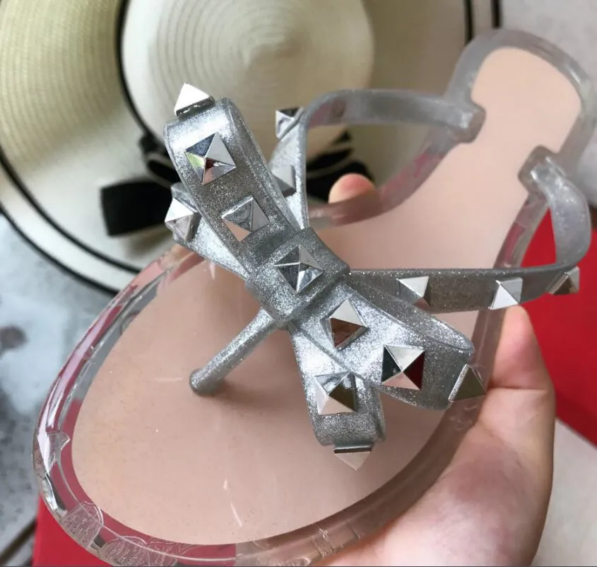 Summer Beach Sandals Woman Flip Flops PVC Slides Female Sandals Rivet Bowknot Slip on Flat with Women Studs Slippers Jelly Shoes