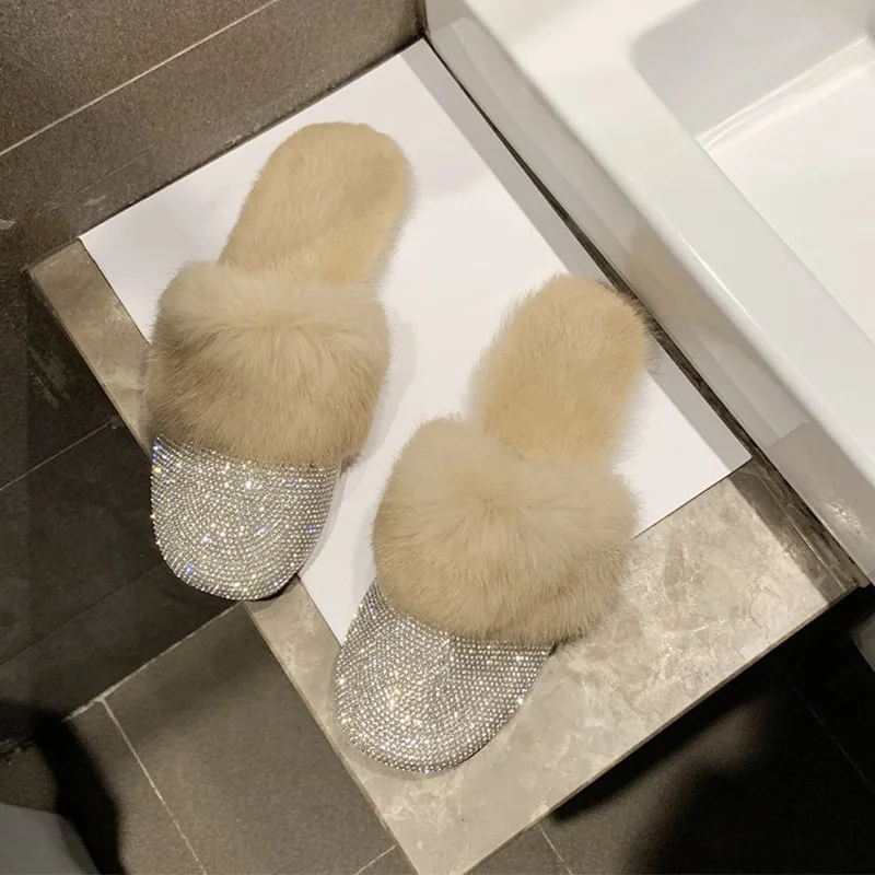 Beige Mcckle/Для женщин На зимнем меху с плюшевой подкладкой с блестками; женские сланцы; Новинка; женская мода стразы на меху женская обувь на плоской подошве мягкие Для женщин Повседневное элегантная обувь - Цвет: Beige