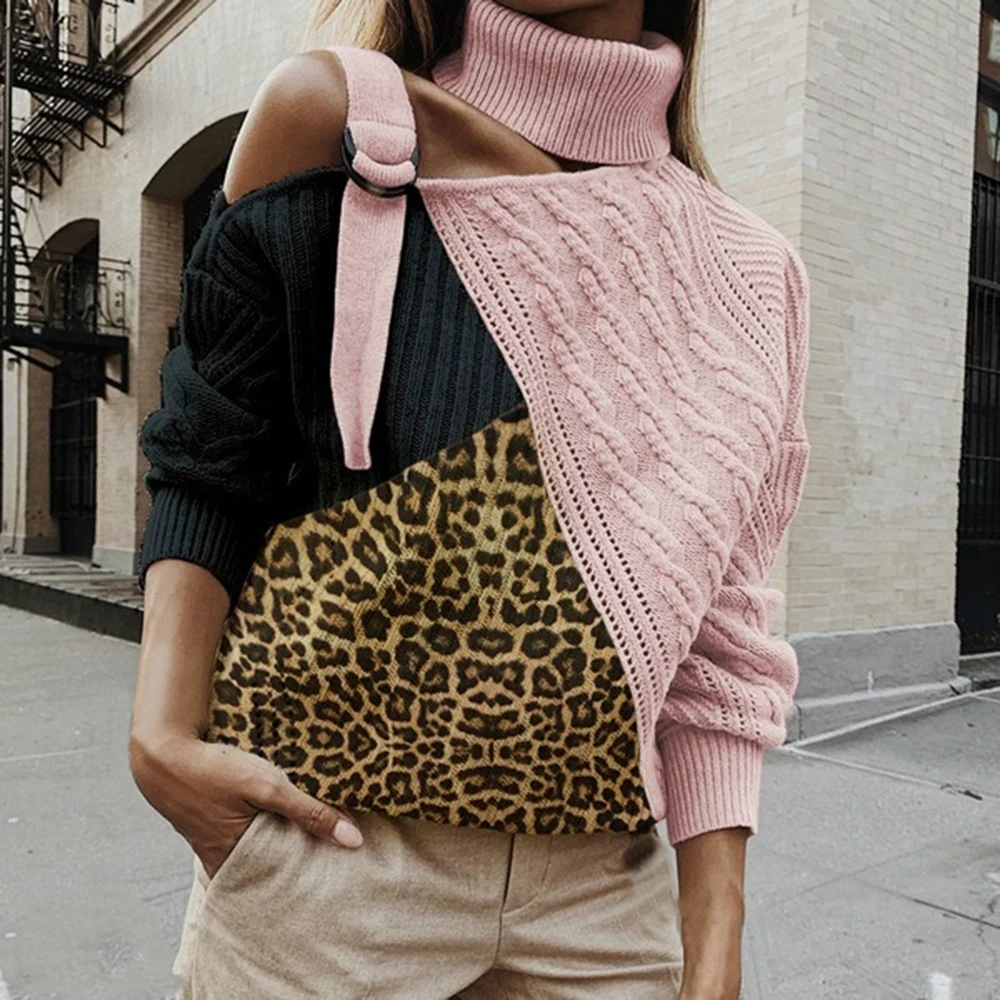 Леопардовый лоскутный свитер с высоким воротом, женский сексуальный леопардовый вязаный свитер с открытыми плечами, пуловер без бретелек с длинным рукавом и рукавом летучая мышь, топы