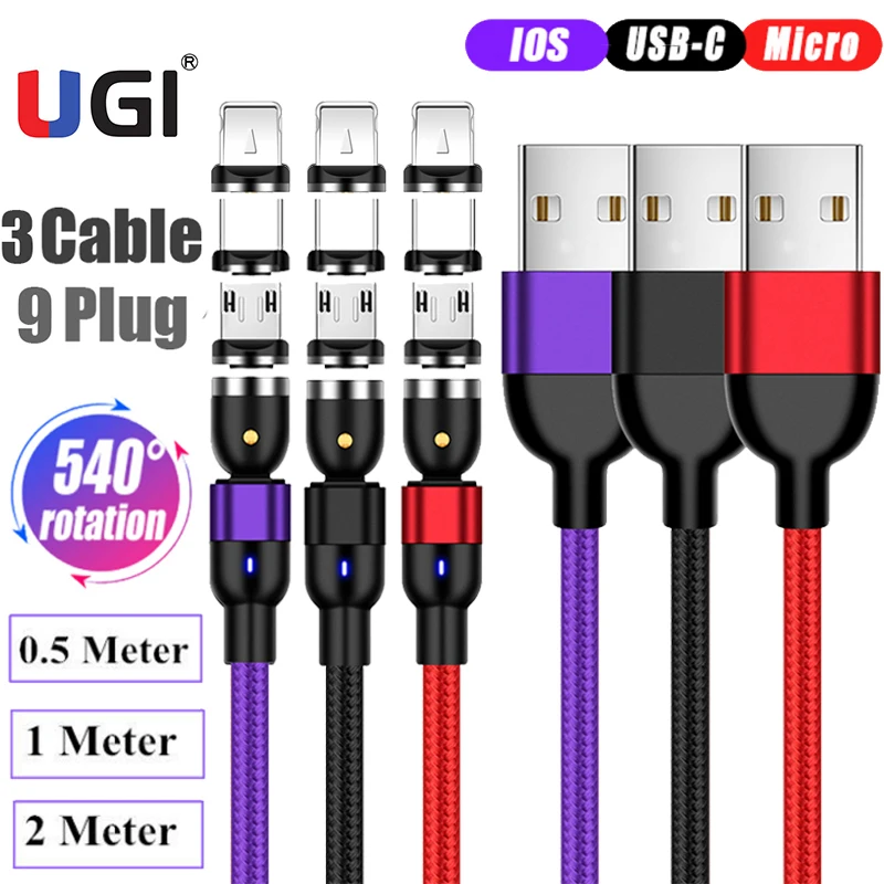 UGI 3 упаковки (3 кабеля + 9 штекеров) в 1 магнитный кабель для быстрой зарядки IOS USB Type C