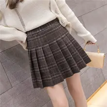 Новинка, корейский стиль, высокая талия, плиссированные мини юбки, женские, Осень-зима, шерсть, короткие юбки, консервативный стиль, Harajuku юбка