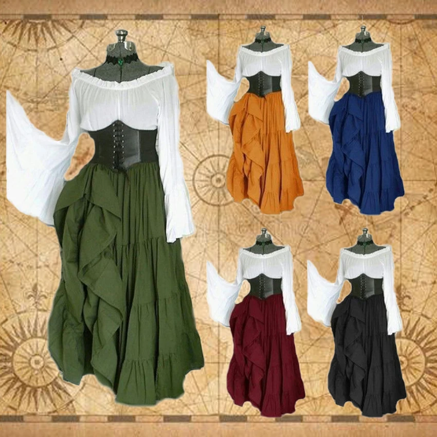 

Женское платье для косплея на Хэллоуин, платье макси средневековой длины с расклешенными рукавами викингов, винтажное ретро-корсет