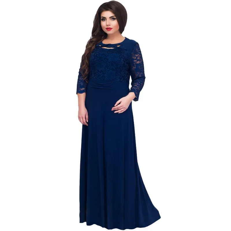 dark blue Кружевное сшитое длинное платье макси, женское уличное платье, элегантное вечернее платье большого размера, Повседневное платье размера плюс, L-7XL, красное - Цвет: dark blue