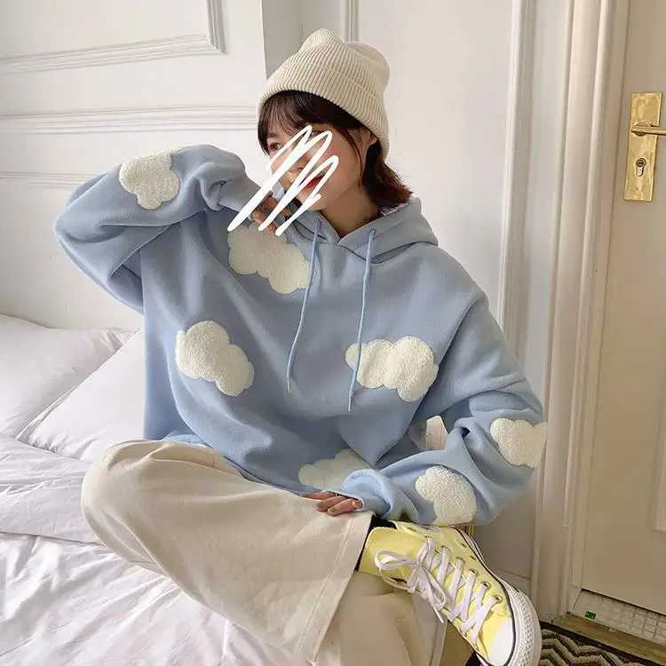 Korean Sweatshirt Women Winter 2021 Fashion Clouds Pullover Women Plus Velvet Warm Long Sleeve Tops Casual Hoodies Kawaii Female