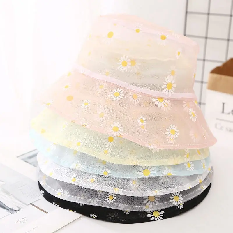 

Embroidered Buckets Hat Women Transparent Lace Flower Beach Panama Hats High Top Snapback Fashion Daisy Sun Cap