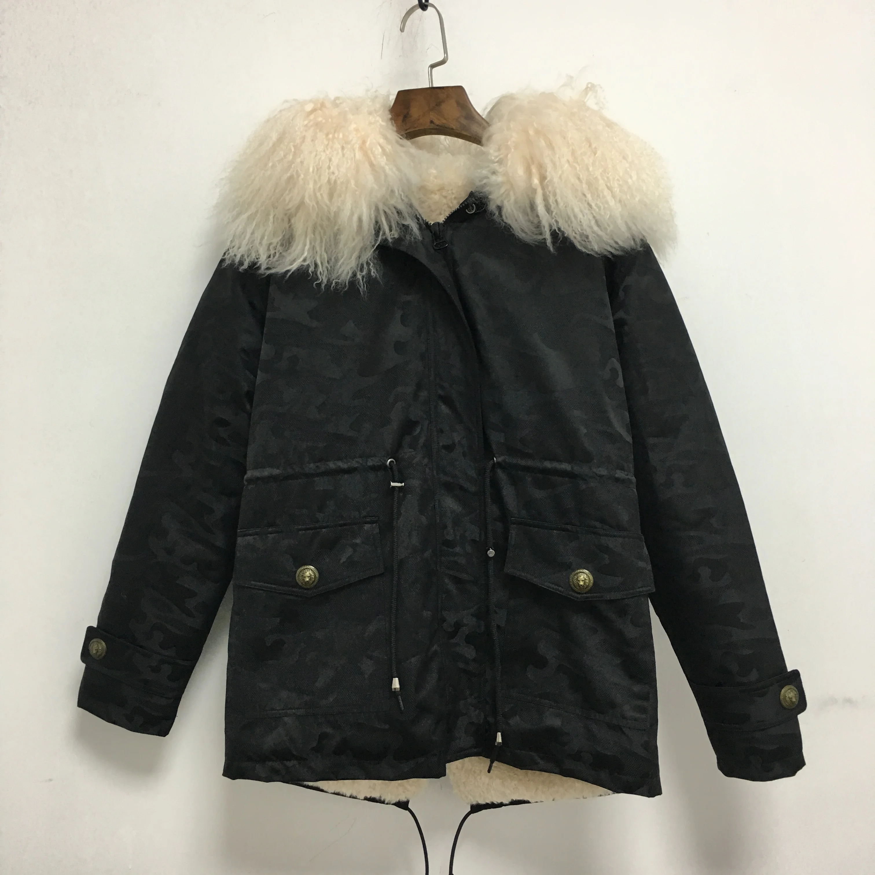 Cheap Black wool fur lined winter formal jacket with metal button oversized wear coats