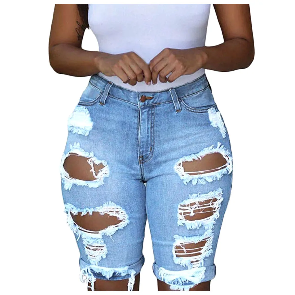 Pantalones pescadores elásticos para mujer, pantalones cortos de mezclilla con agujeros desgastados, de chándal, para verano