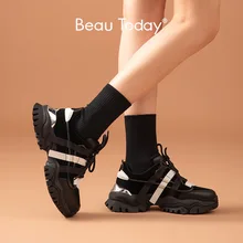 BeauToday Chunky Turnschuhe Frauen Kuh Leder Lace-Up Plattform Mischfarben Damen Casual Schuhe Handgemachte 29394