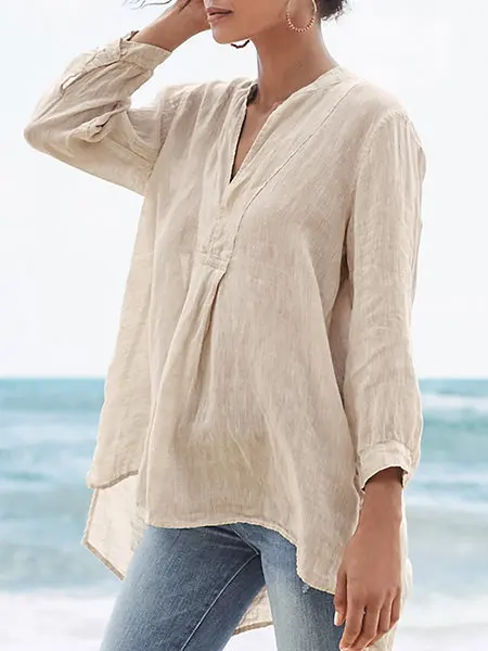 

Large size casual blouse 2020 spring and summer women blouse solid color front short back long 9 points sleeve Tops shirt
