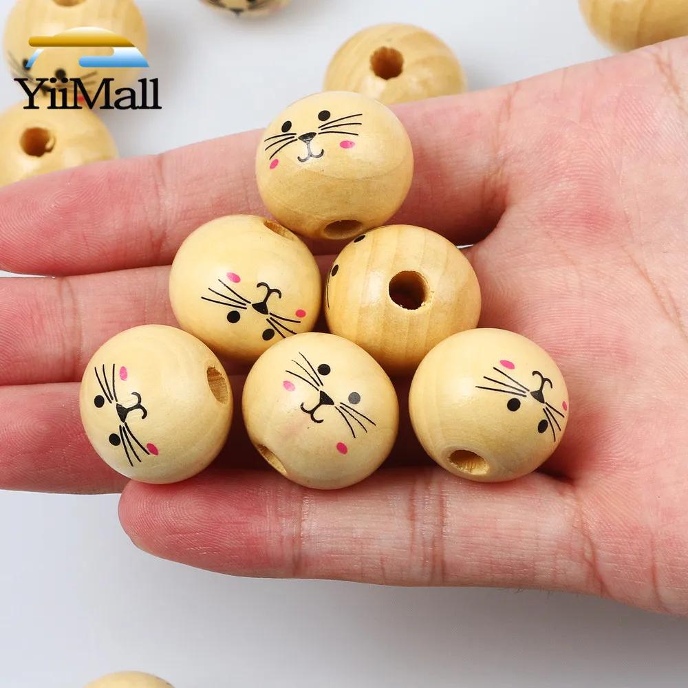 

3-10Pcs 20/30mm Cute Cat Natural Wooden Beads Round Spacer Loose Beads For Jewelry Making Handmade Diy Kids Necklace Bracelet