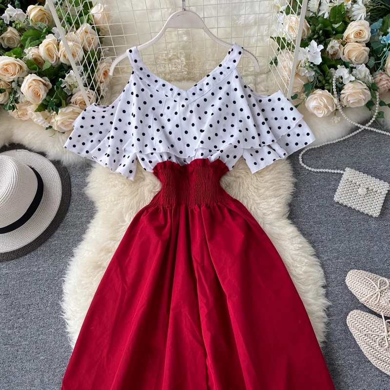 Boho Ruffles sexy Off shoulder polka dot print patchwork Summer short Dress Women slim waist dress casual a-line beach dress