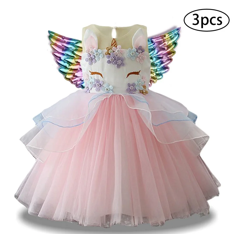 Платье для девочек 3 предмета, Детские платья для девочек с единорогом вечерние платья детское платье принцессы костюм на Хэллоуин для малышей 3, 4, 5, 6, 7, 8, 9, 10 лет - Цвет: Pink