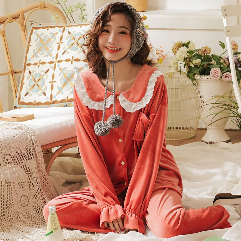 

Winter Warm Pajamas Set Women Sleep Set Solid Color Lace Velvet Pajamas Sleepwear Long Sleeves Homewear 2 Peice Nightwear