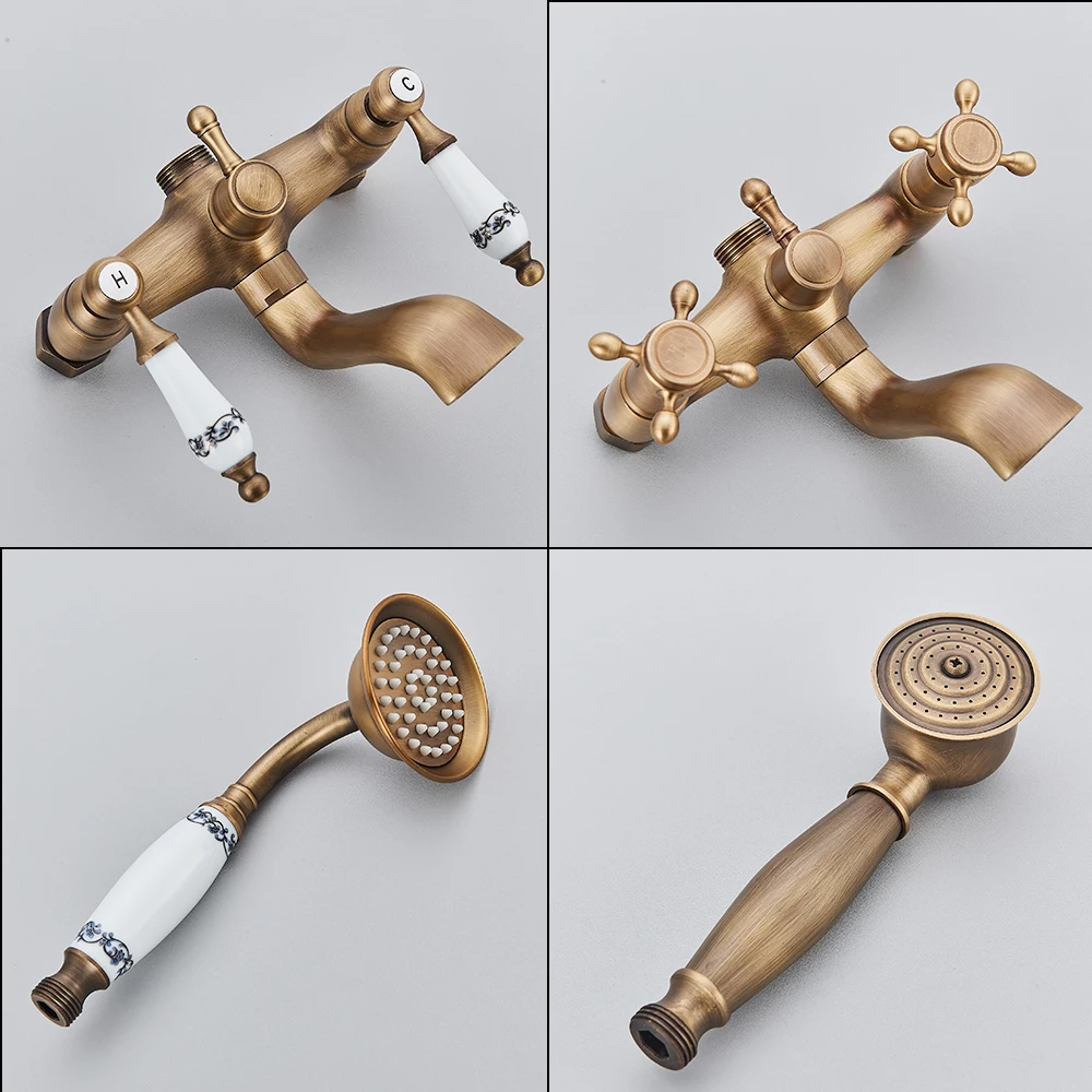 Onyzpily Bathtub Shower Faucet Antique ORB Golden Phone Style  Spray Wall-Mounted Hot And Cold Faucet Blue and White Porcelain 4