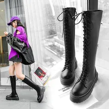 Осенние ботинки на Плоском Каблуке Брендовая женская обувь пикантные сапоги до бедра на высоком каблуке с круглым носком женские ботинки на молнии