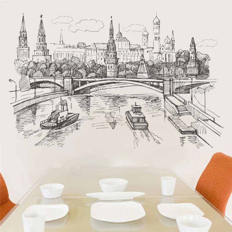 Эскиз стиль кремлевские реки настенные наклейки с пейзажами для украшения дома пейзаж настенные росписи искусство поделки ПВХ настенные наклейки