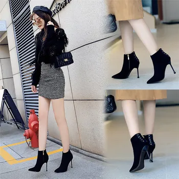 

BIGTREE Fashion Flock Ankle Boots Winter Women Pointed Toe Zip Boots Retro Night Club Thin High Heels Dress Party Mujer Boots