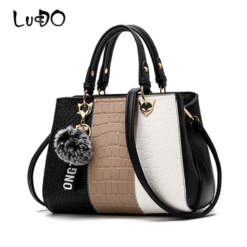 

LUCDO 2020 New Fashion Crocodile Pattern Leather Luxury Handbags Famous Brand Hairball Strap Colorblock Shoulder Crossbody Bags