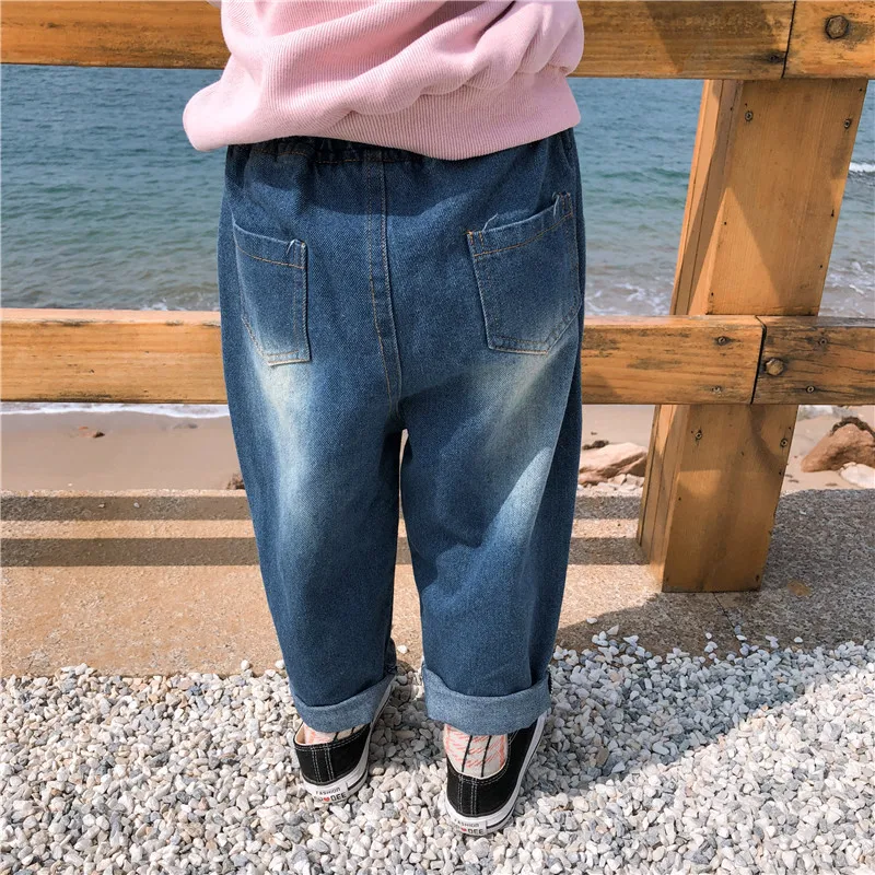 WLG boys girls autumn jeans kids denim blue casual all match jean baby trousers 2-7 years