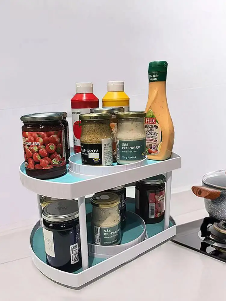 

Rotating Spice Storage Rack Double-layer Finishing Shelf Kitchen Desktop Plastic Tray Storage Cabinet Bottle Bath Cosmetics Rack