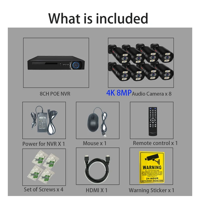 SIMICAM 4K POE Security Camera System 8MP H.265 IP Audio Human detection Color Full Night Vision IP67 Weatherproof Metal NVR Kit 8CH 8pcs4K Camera