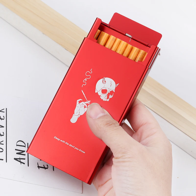 Slim Lady's Cigarette Box Case for Women Creative Designs Skull Smoking Quotes Aluminum Alloy Metal Red Black Slide Personality | Дом и