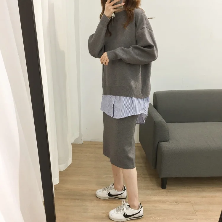 

Korean-style Joint Striped Shirt Fake Two-Piece Back Slit Loose-Fit Medium-length Knitted Sweater Slimming Skirt Set Fashion