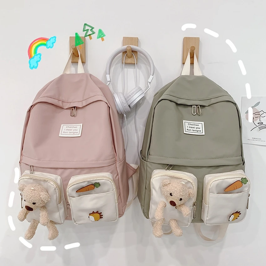 

New Cut Bear Solid Color Simplicity Korean Style Canvas Women Backpack Travel Shoulder Bag for Teenager Girls Student Bookbag