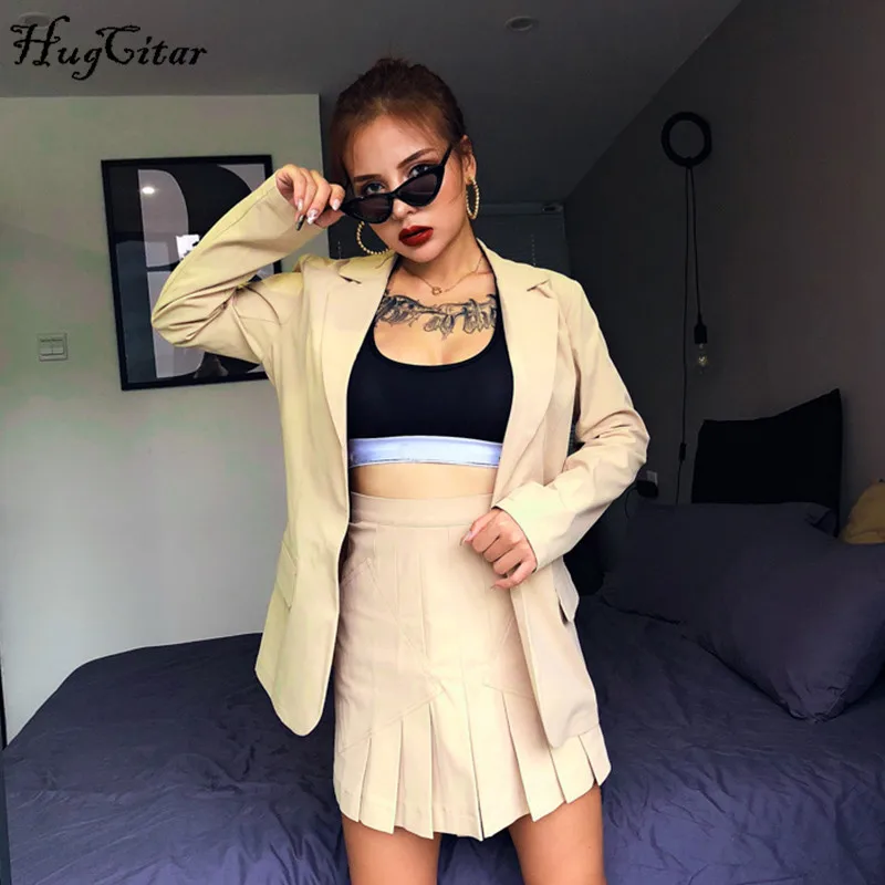 

Hugcitar 2019 long sleeve blazer ruched skirt 2 pieces set khaki solid autumn winter women streetwear outfits windbreak coats jacket tracksuit