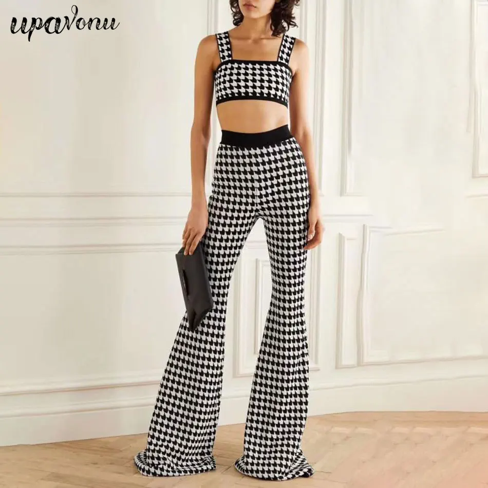 

2020 Latest Women's Houndstooth Set Sexy Sling Sleeveless Short Vest + High Waist Flared Pants 2-piece Fashion Ladies Runway Set
