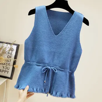

Korean Adjustable Waist Sleeveless Vest Women Winter Sweater Waistcoat Female Elegant Ruffles V-Neck Spring Knitted Jacket Coat