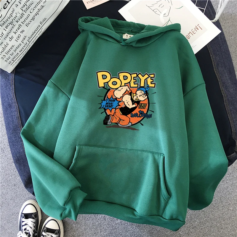 Женские толстовки Popeye, толстовка, бархатный утепленный пуловер, негабаритный спортивный костюм с капюшоном, уличная одежда, милая толстовка с капюшоном Kawaii - Цвет: Зеленый