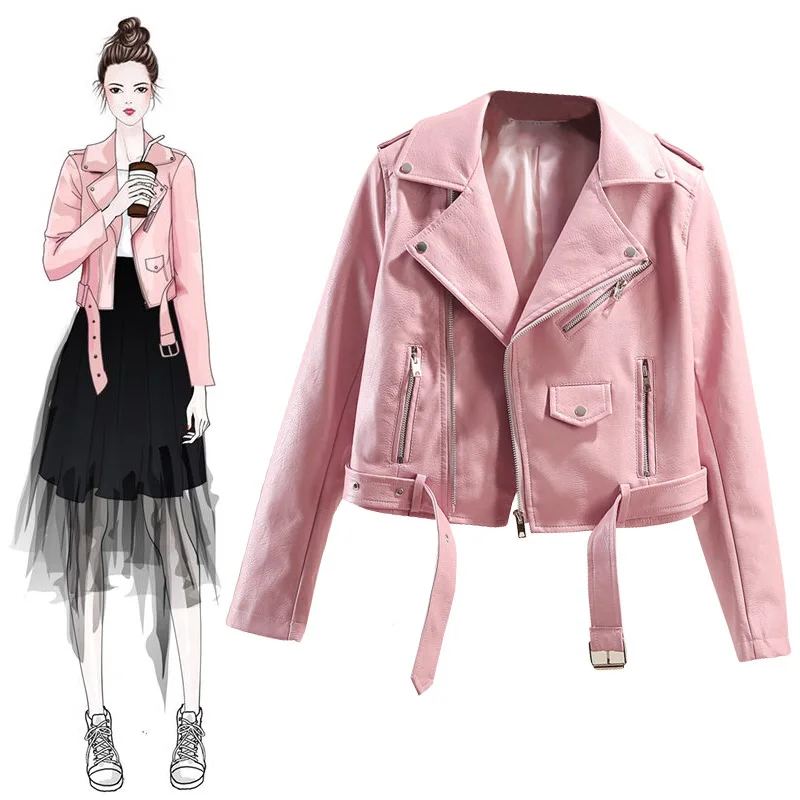 

4 Color High quality Faux PU leather jacket Women Plus size Short Leather Biker Jacket With belt Korean Slim Autumn New Fashion