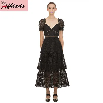

Self-Portrait Spring New Vintage Black Short Sleeve Puff Sleeve Lace Dress Backless Hollow Out Elegant Party Maxi Vestidos Dress