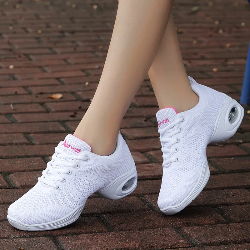 

Breathable Sports Female Spring Summer Dance Shoes White Black And White with Pattern Mesh Soft-Sole Women's Dance Semi-high Hee
