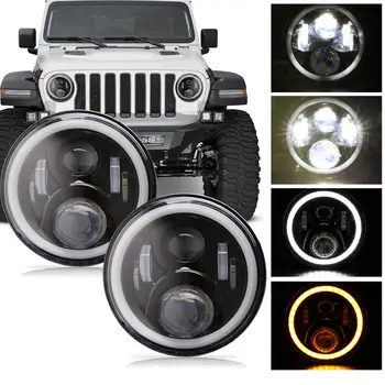 

Pair 7 Inch Round LED Headlights High Low Beam White Halo Ring Angel Eyes DRL + Amber Turning Signal Lights for Jeep & Hummer