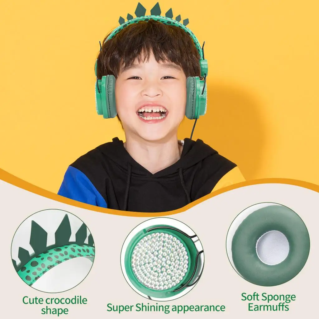 Cute Dinosaur Glitter Kids Wired Headphone Adjustable Headband for Boys