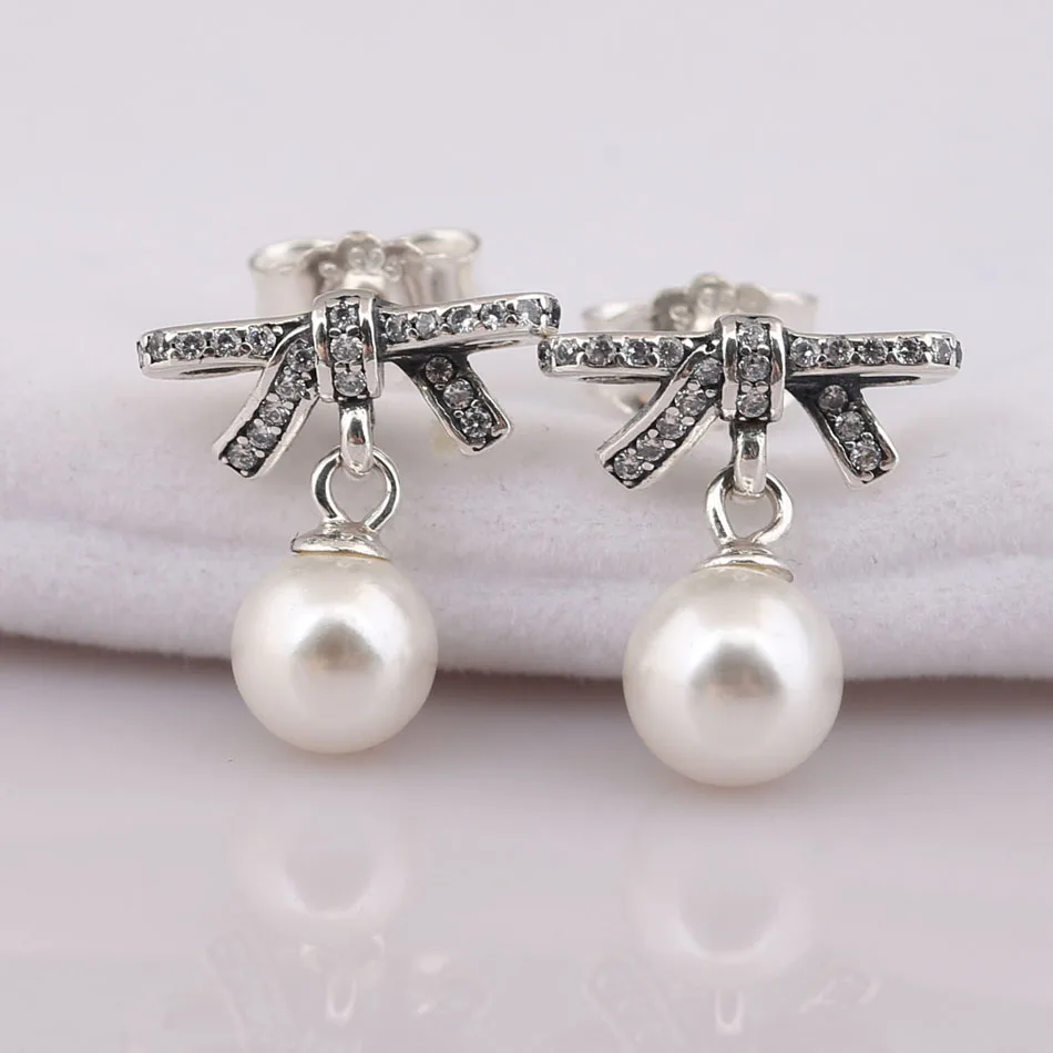 

S925 Sterling Silver Earring Delicate Sentiments White Pearl & Crystal Stud Earring For Women Wedding Gift fit Lady Jewelry