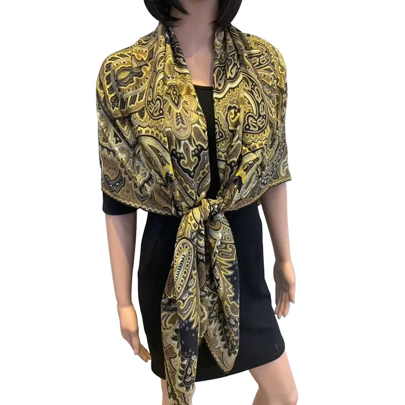 

100% Twill Silk Scarf Women Kerchief Sand Washing Big Stole Vintage Boho Style Paisley Print Head Neck Hijab Wraps 135*135cm
