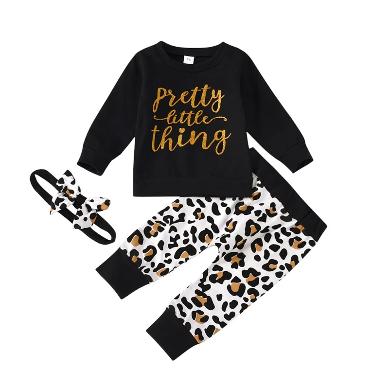 

2020 Autumn Baby Girl Outfits Long Sleeve Letter Pattern Blouse+Leopard Pants Headband Casual Costume Set