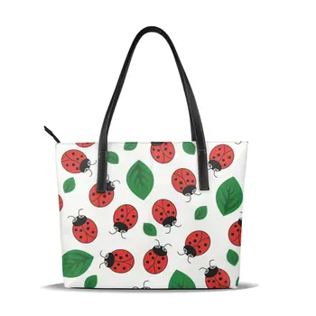 

OLN Tote Bag Ladybug With Leaves Women's Leather Handbags Female Pu Leather Bag Fashion Lady Shoulder Bags Classic Handbag
