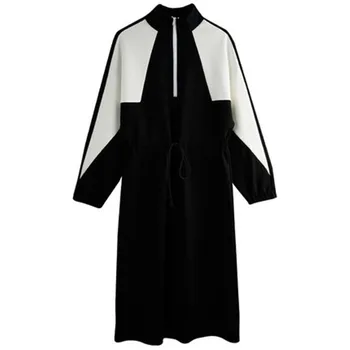 

New Spring Autumn Women Dresses Plus Size Casual Stand Collar Patchwork Collect Waist Slim Sweatshirts Dress For Women One-Piece