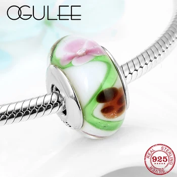 

925 Sterling Silver Flower ladybug bright Murano Glass Beads Fit Original Pandora Charms Bracelet Jewelry making Wholesale 2019