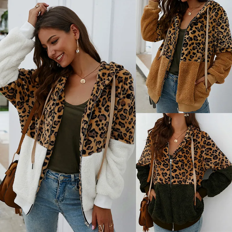 Jaqueta de lã de Leopardo Quente com Zíper Cabolsa de Retalhos com Capuz Mulheres Inverno Jaqueta Feminina Teddy Harajuku Cabolsa Chaqueta Mujer 2020
