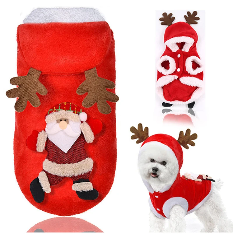 Фланелевое зимнее осеннее теплое красное пальто Санта-Клауса, щенка, кошки, Рождественская одежда, зимнее пальто с капюшоном для собак, куртки, красное милое платье, BS007